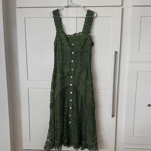 FARM Rio Olive Crochet Button-Front Midi Dress